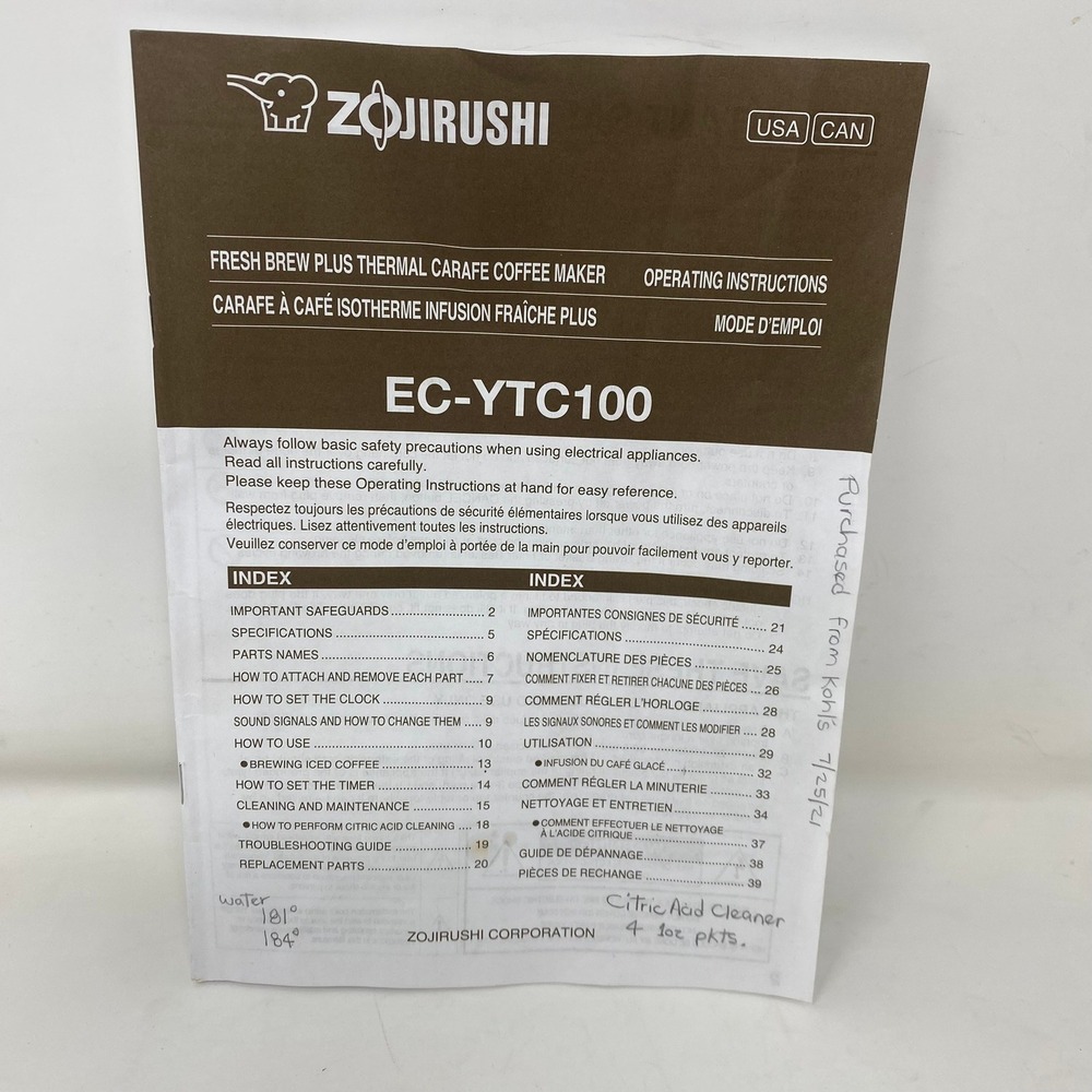 Zojirushi EC-YTC100 Coffee Maker Operating Instructions Manual Brown White